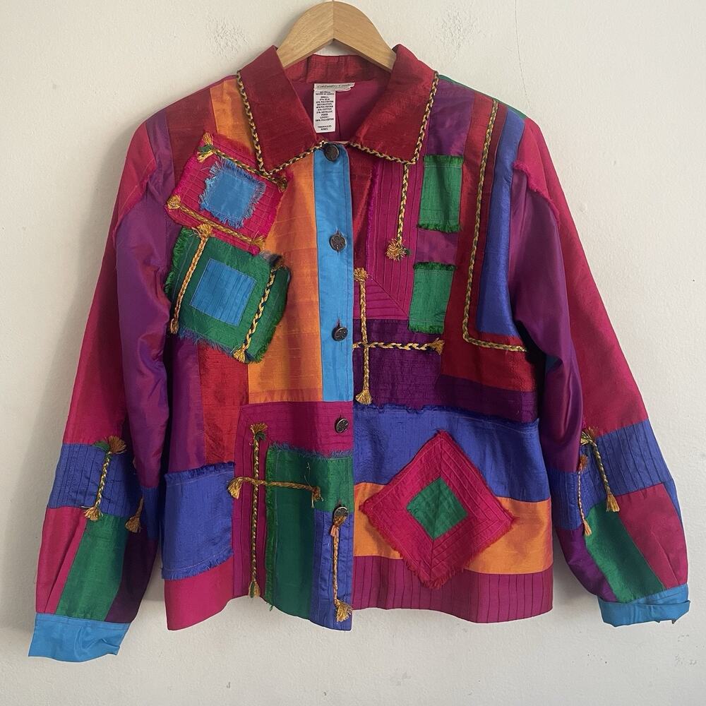 Vintage Coldwater Creek Silk Blend Box Jacket Patchwork Vivid Print L Artsy